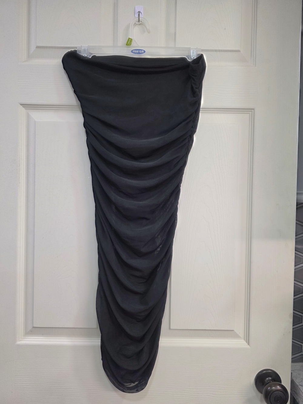 Black Ruched Strapless Sheer Dress With Bodysuit